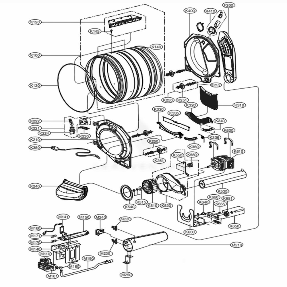 Drum And Motor Assembly: Gas Type Diagram and Parts List for 91382 ABWESEU LG Dryer