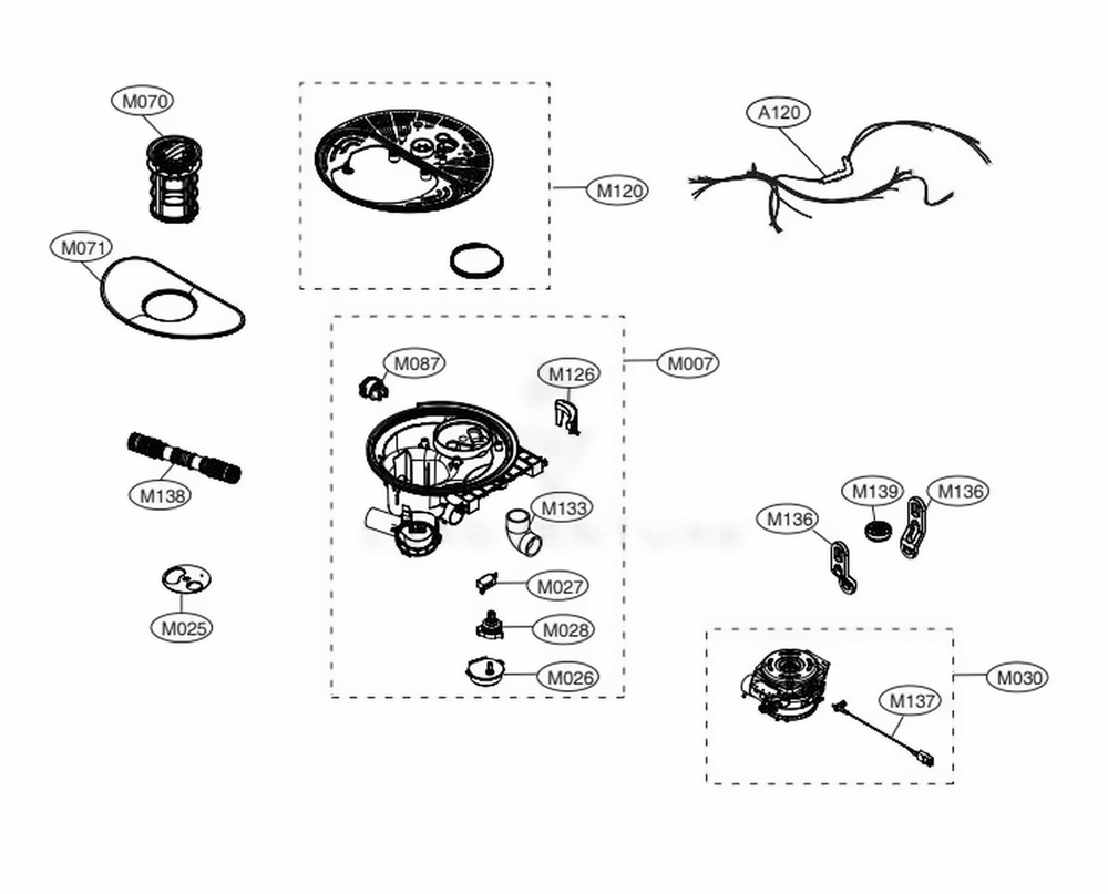 Sump Assembly Diagram and Parts List for LDT5678ST ASTEEUS LG Dishwasher