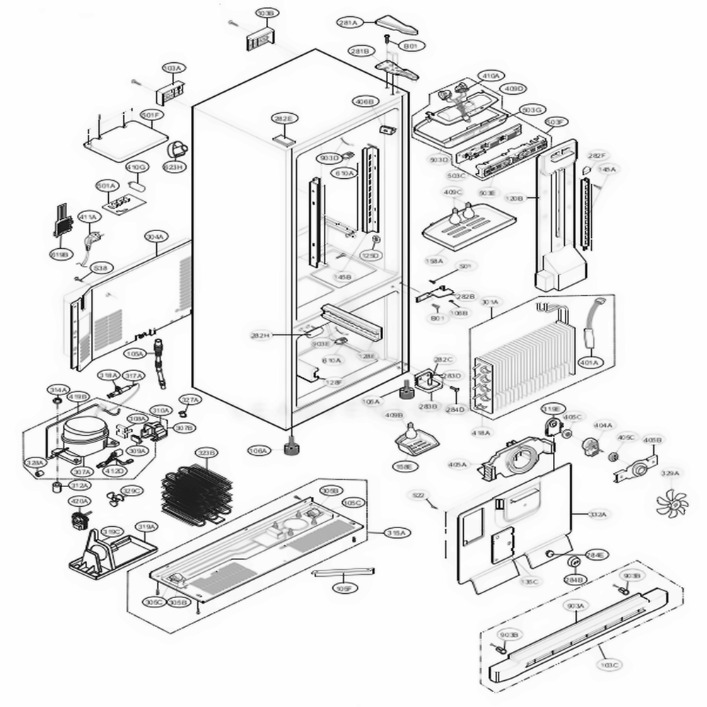 Case Parts Diagram and Parts List for 65014 ABICSEF LG Refrigerator