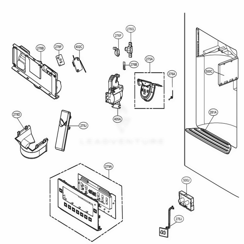 Dispenser Parts Diagram and Parts List for 72493 ASTCSE1 LG Refrigerator
