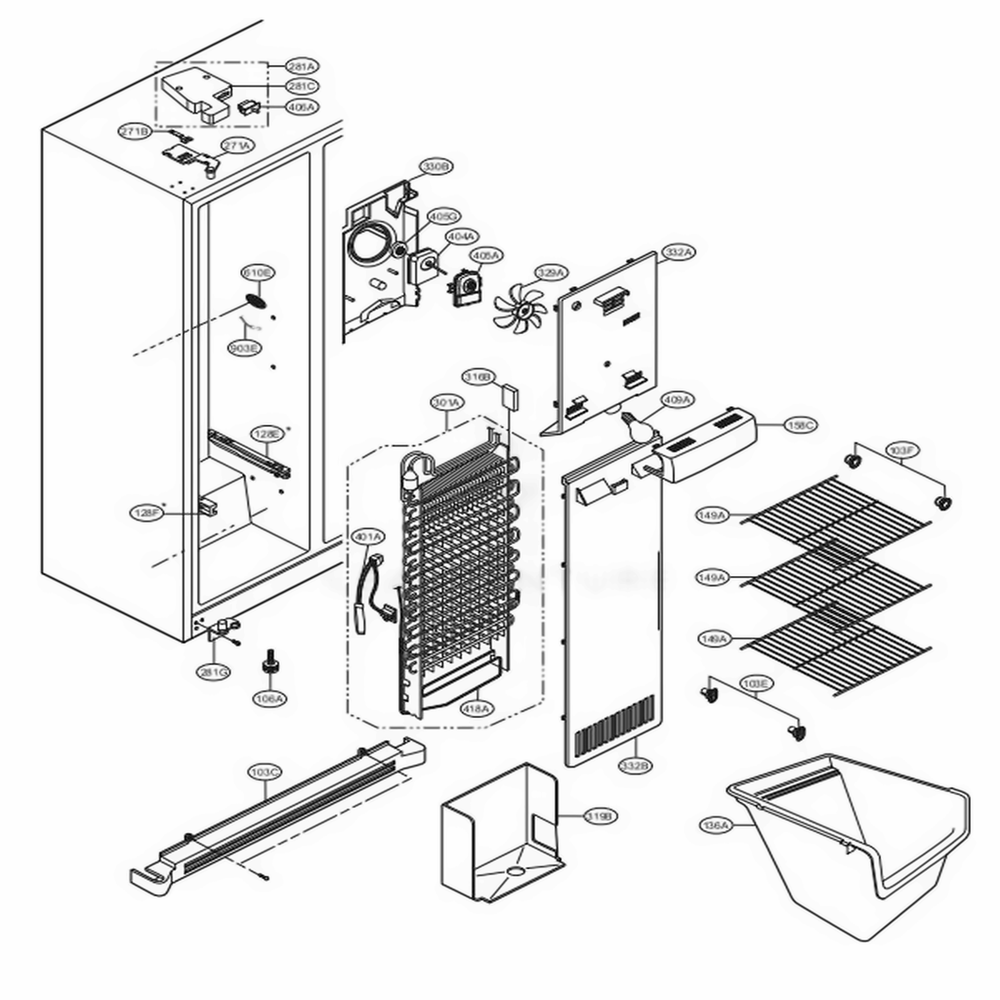 Freezer Compartment Diagram and Parts List for LSC27910SW ASW2LGA LG Refrigerator