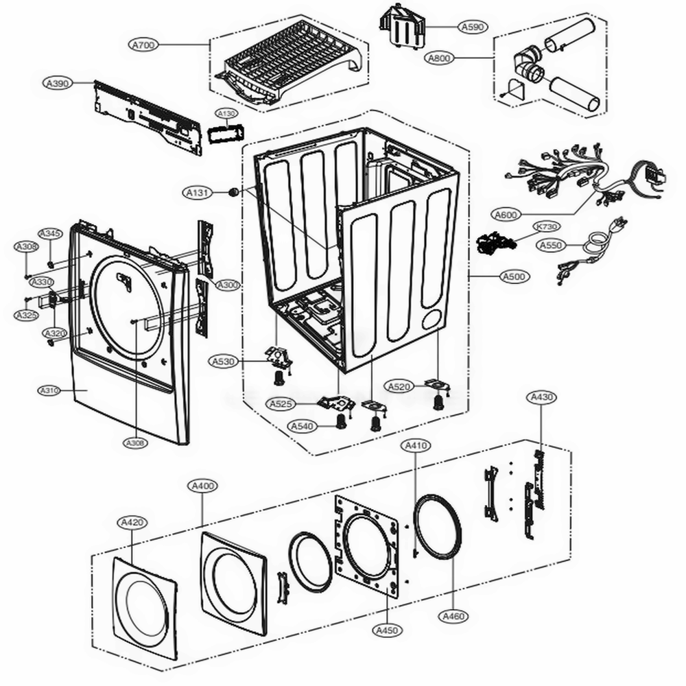 Cabinet And Door Assembly Gas Type Diagram and Parts List for 91982 ABWESEU LG Dryer
