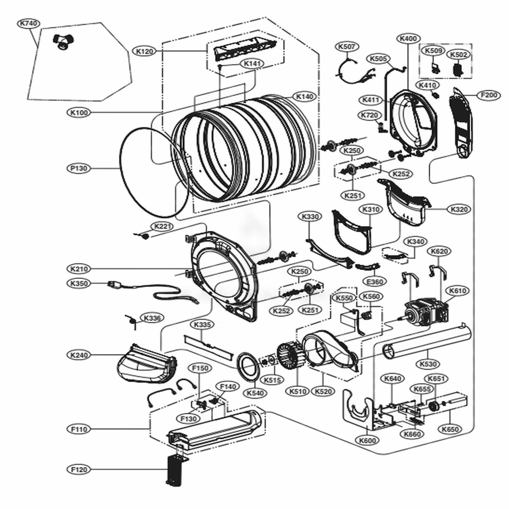 Drum And Motor Assembly 1 Diagram and Parts List for WKEX200HWA ABWEEUS LG Washer Dryer Combo