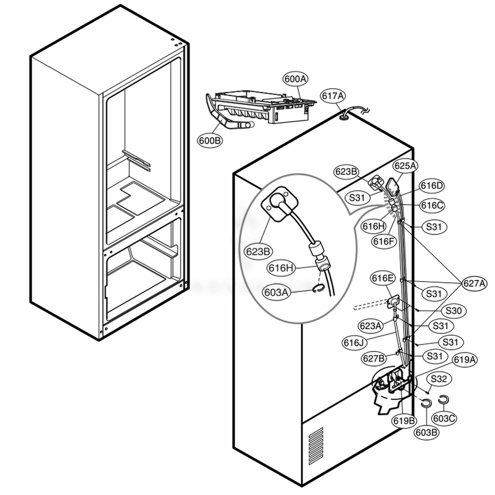 Ice Maker Parts Diagram and Parts List for 71019 AWBCSE1 LG Refrigerator