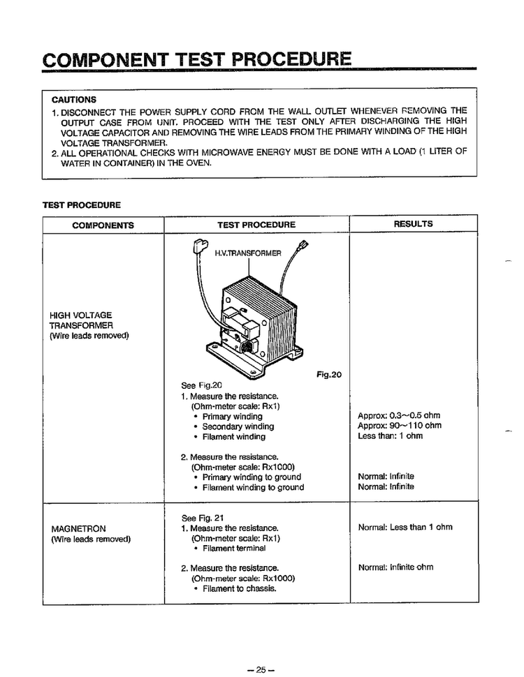 Component Test Procedure Diagram and Parts List for MA-1164M  LG Microwave