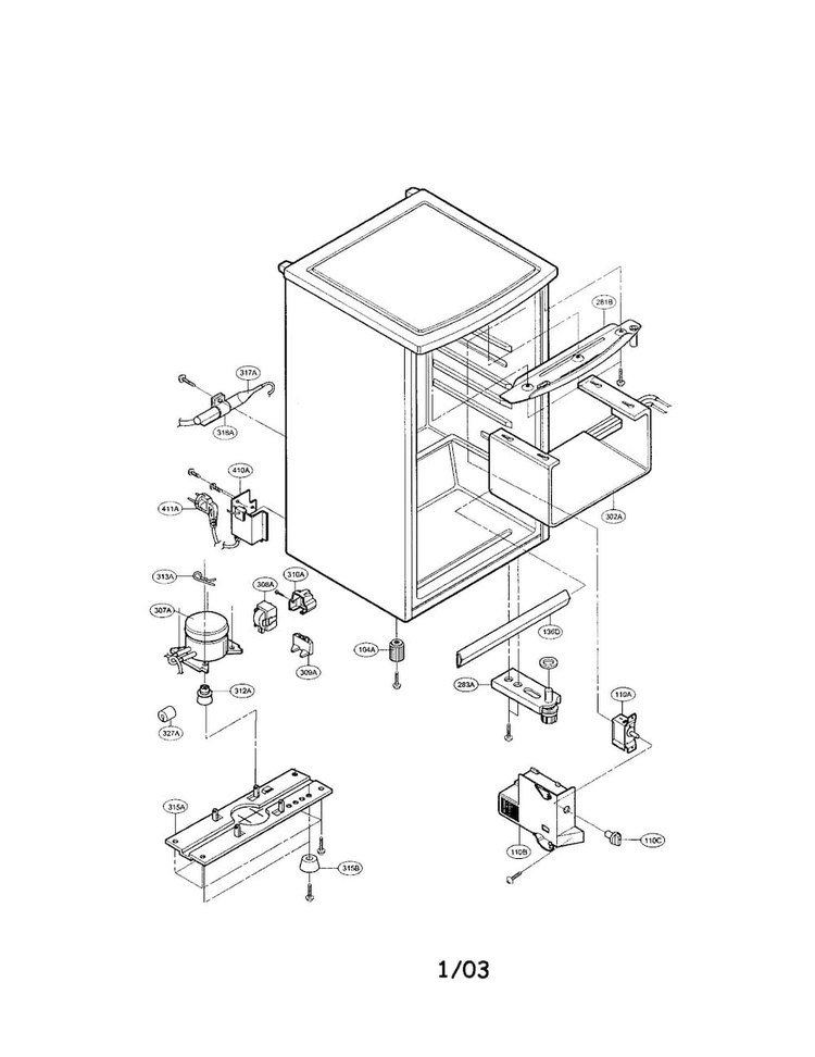 Evaporator/comp. Base/drier Diagram and Parts List for GR-131CN  LG Refrigerator