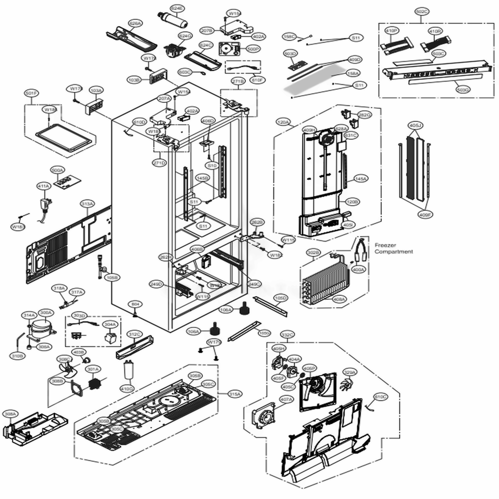 Case Parts Diagram and Parts List for 73163 ASTCSE0 LG Refrigerator