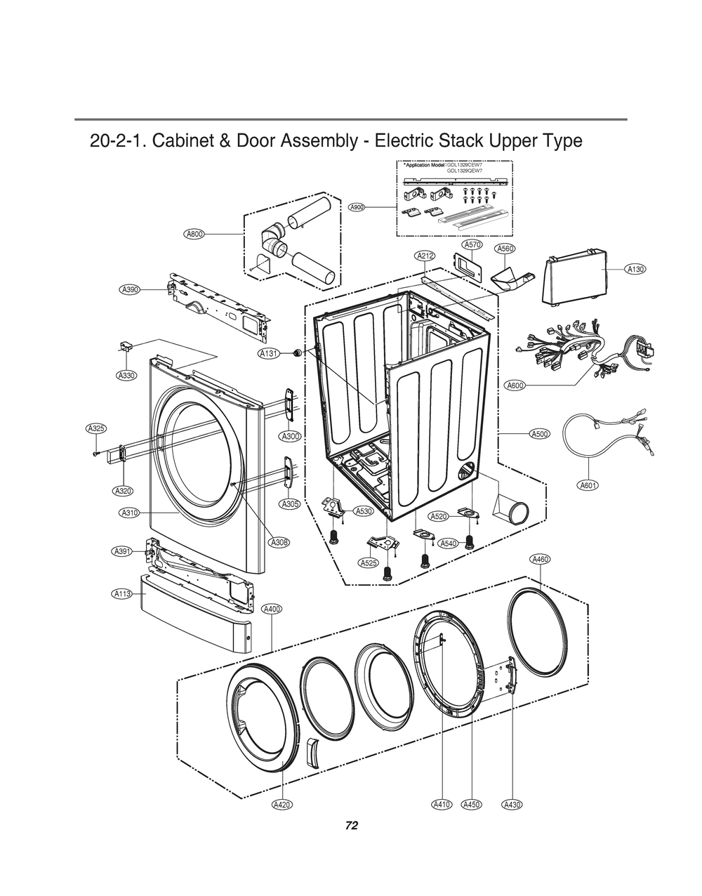 Cabinet And Door Assembly Diagram and Parts List for GDL1329CEW7 ASSEELC LG Dryer