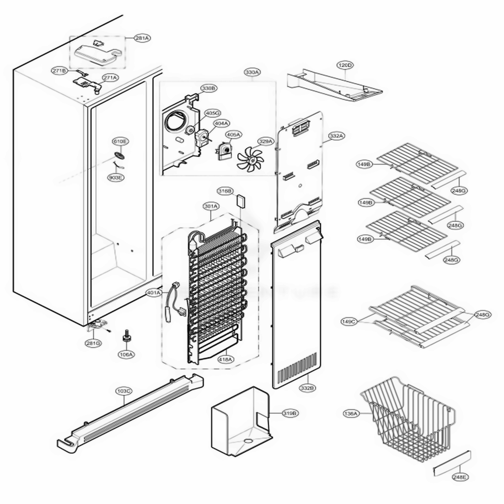 Freezer Compartment Diagram and Parts List for LSC23954ST ASTCNA1 LG Refrigerator