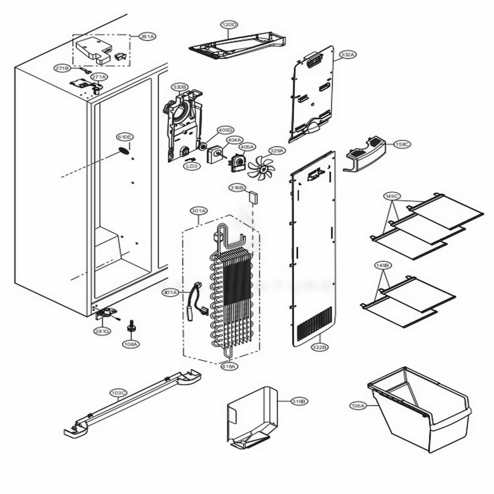 Freezer Compartment Diagram and Parts List for LSXS22423B AWBCNA1 LG Refrigerator