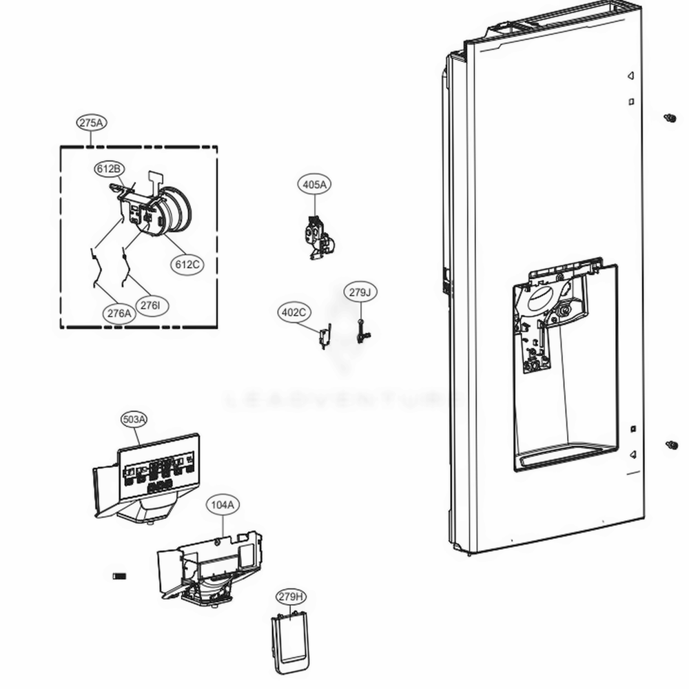 Dispenser Parts Diagram and Parts List for LFXC22526D ASBCNA2 LG Refrigerator