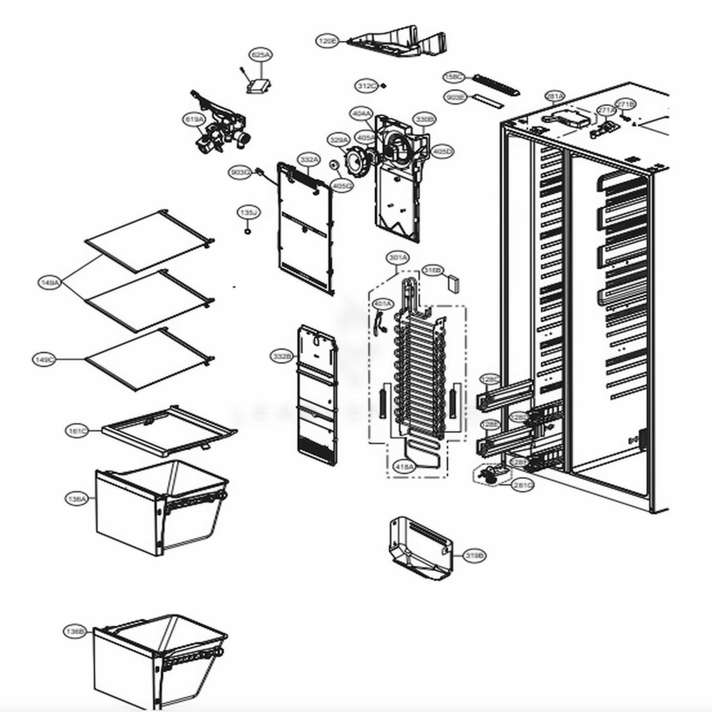 Freezer Compartment Diagram and Parts List for LSXS26326B AWBCNA2 LG Refrigerator