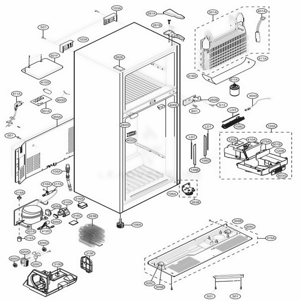 Case Parts Diagram and Parts List for 79439 AWBCSE0 LG Refrigerator