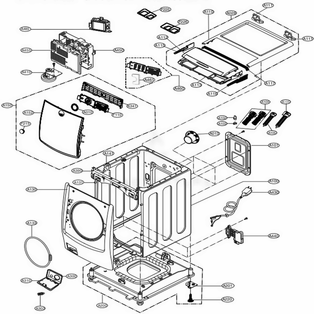 Cabinet And Control Panel Assembly Diagram and Parts List for WM5000HVA ASSEEUS LG Washer