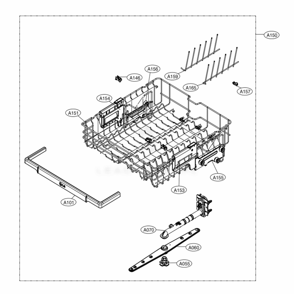 Upper Rack Assembly Diagram and Parts List for LDF5678ST ASTEEUS LG Dishwasher
