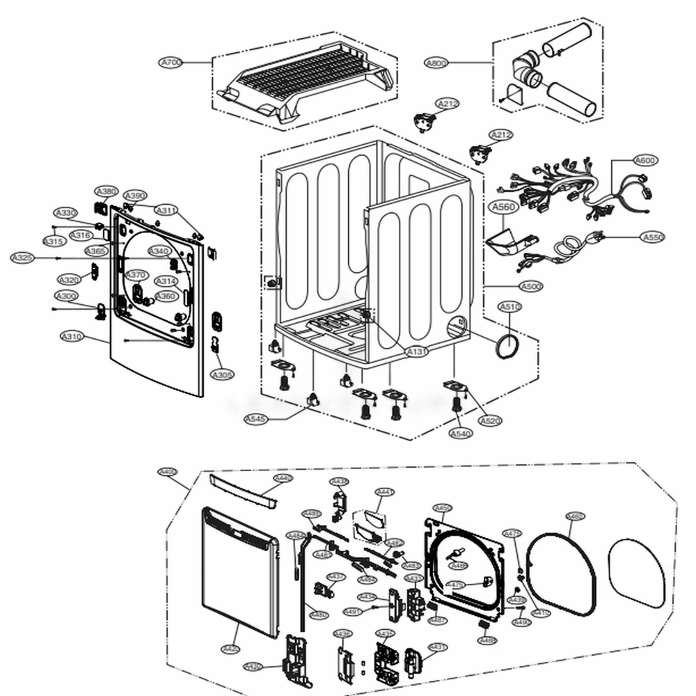 Cabinet And Door Assembly: Gas Type Diagram and Parts List for DLGX5781VE ASSEEUS LG Dryer