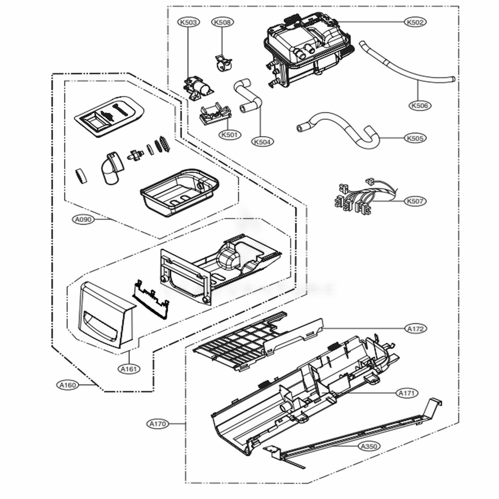 Panel Drawer Assembly And Guide Assembly Diagram and Parts List for DLEX3570V ASSEEUS LG Washer Dryer Combo