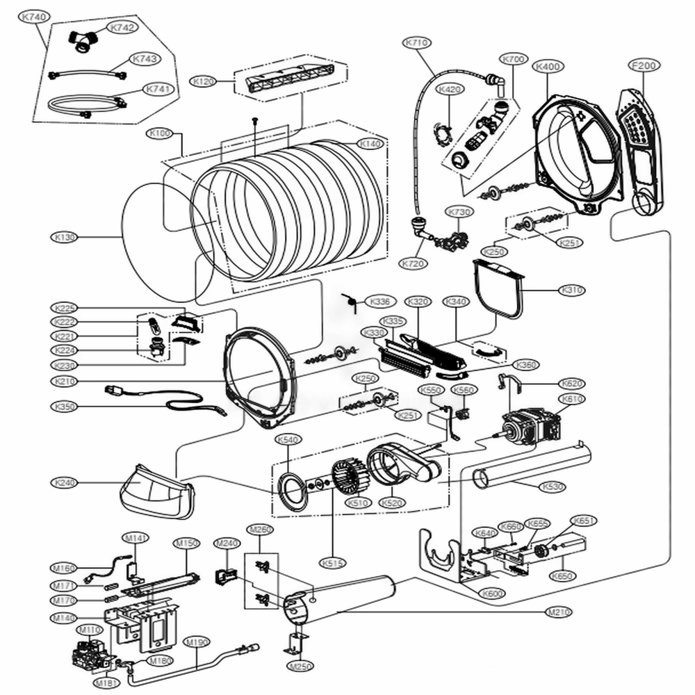 Drum And Motor Assembly: Gas Type Diagram and Parts List for DLGY1902WE ABWEEUS LG Dryer
