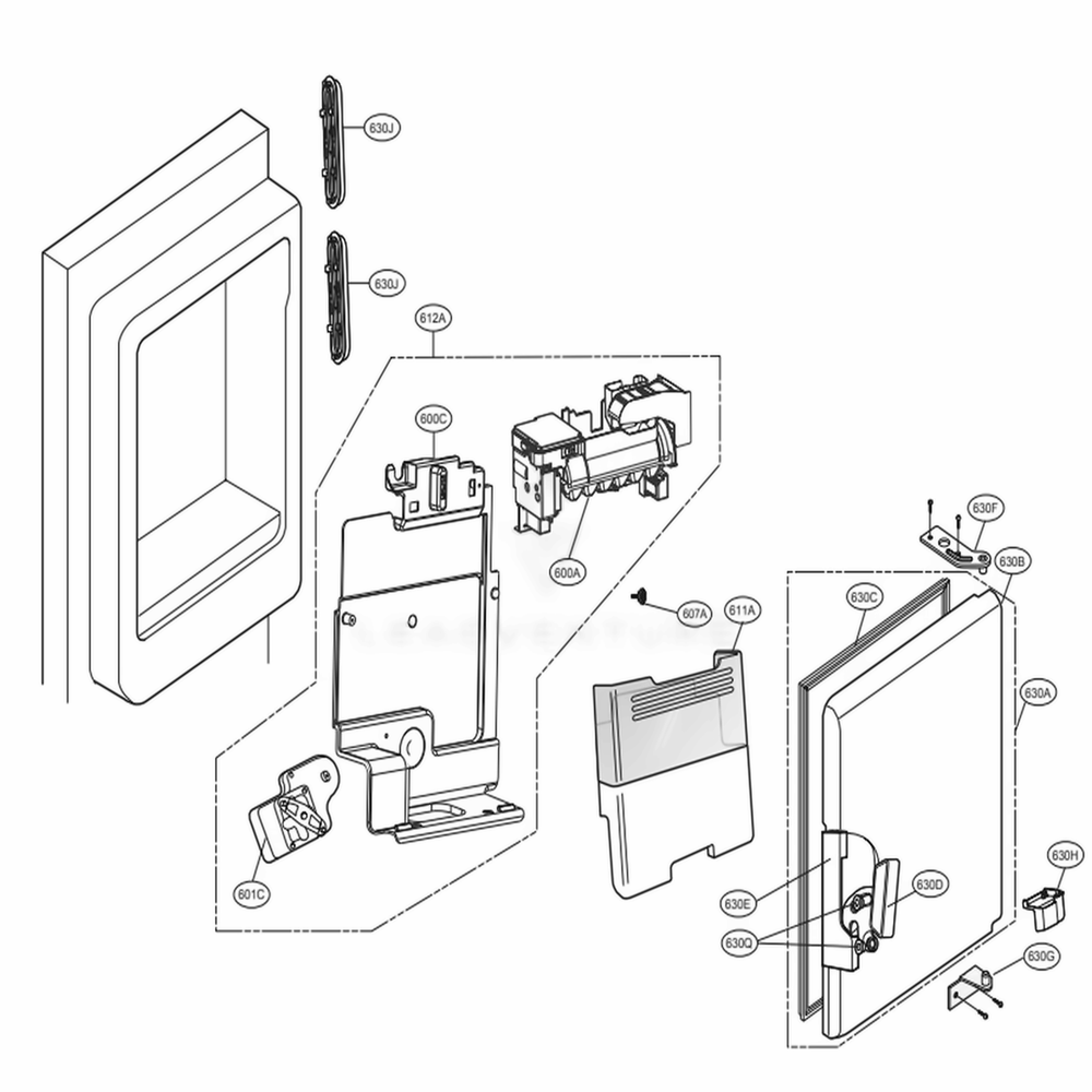 Ice Maker And Ice Bin Parts Diagram and Parts List for 73107 ASBCSE0 LG Refrigerator