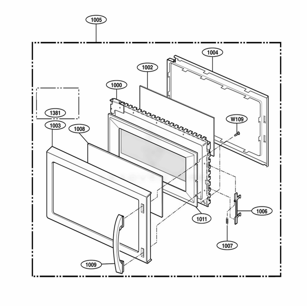 Door Parts Diagram and Parts List for 80592 CW1ESEA LG Wall Oven