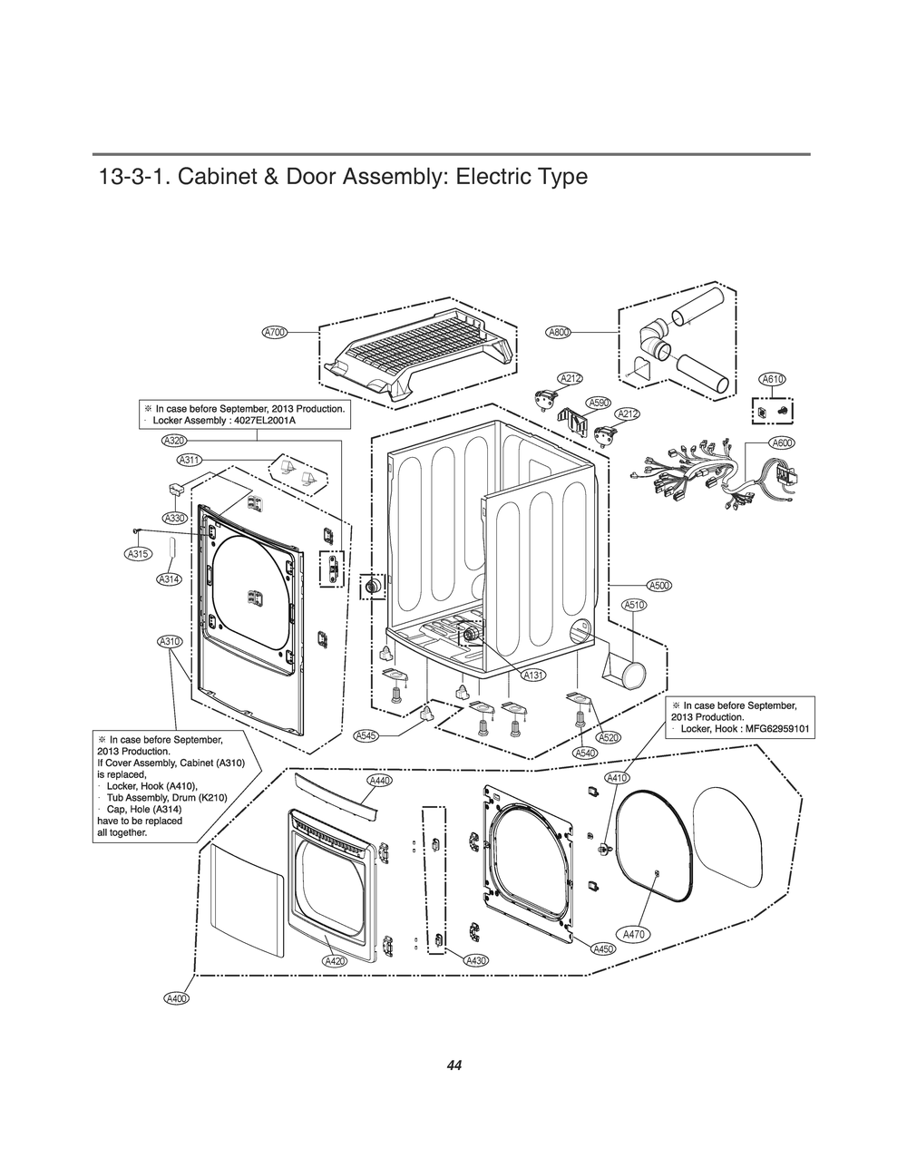 Cabinet And Door Assembly Diagram and Parts List for RV1368CS ASTESEU LG Dryer