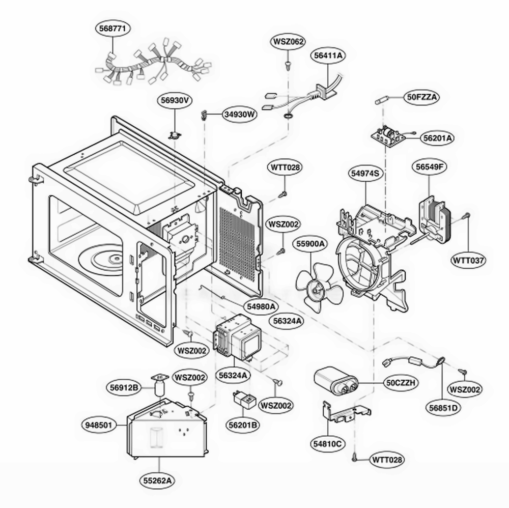 Interior Parts Diagram and Parts List for MT4110RPQ0 CWHEWRP LG Wall Oven