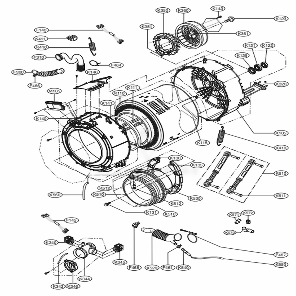 Drum And Tub Assembly Diagram and Parts List for WM3477HS ALSEEUS LG Washer Dryer Combo