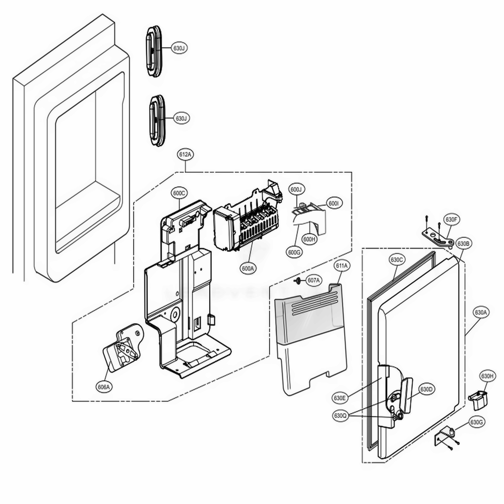 Ice Maker And Ice Bin Parts Diagram and Parts List for 74032 ASWCSE1 LG Refrigerator