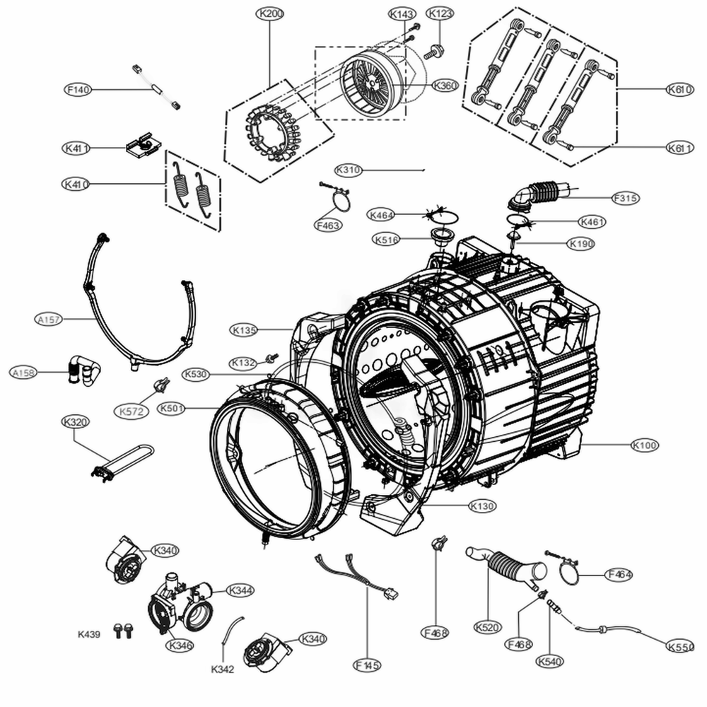 Drum And Tub Assembly Diagram and Parts List for 41563 ASTEUEU LG Washer