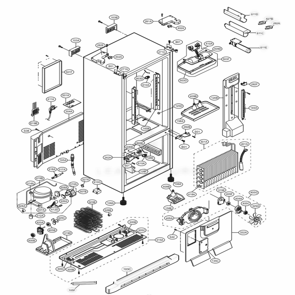 Case Parts Diagram and Parts List for 78344 ABI4SER LG Refrigerator