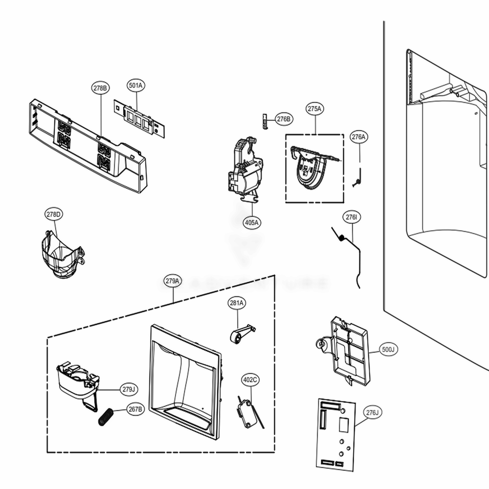 Dispenser Parts Diagram and Parts List for 72483 ASTCSE0 LG Refrigerator