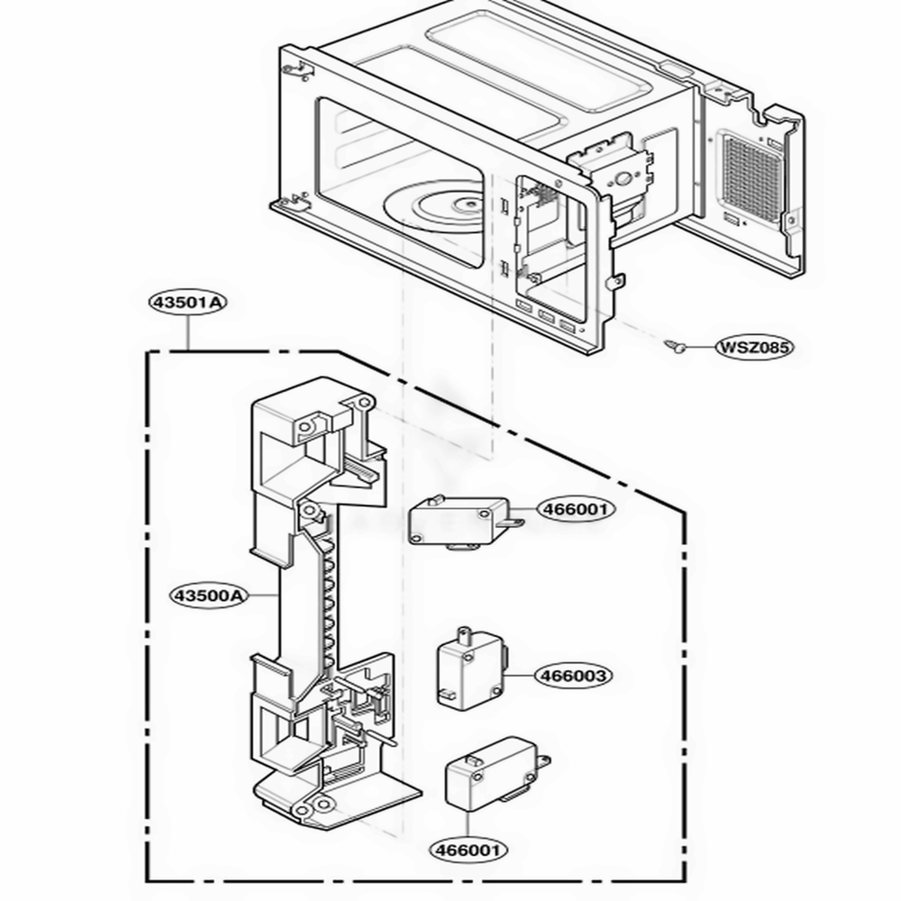 Latch Board Parts Diagram and Parts List for JE1360WB MWEGEU LG Microwave