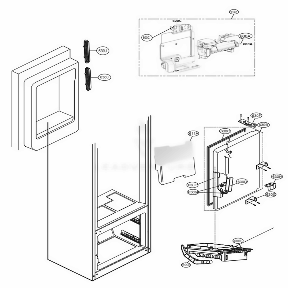 Ice Maker And Ice Bin Parts Diagram and Parts List for LFXC22526D ASBCNA0 LG Refrigerator