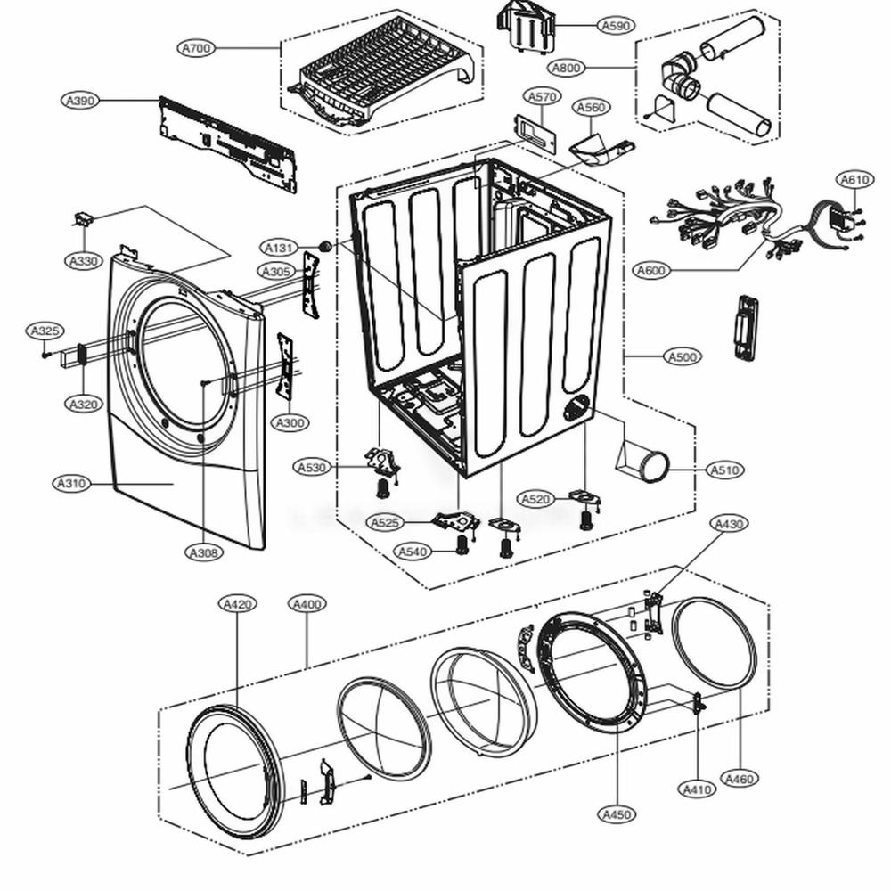Cabinet And Door Assembly: Electric Type Diagram and Parts List for DLEX3570V ASSEEUS LG Washer Dryer Combo