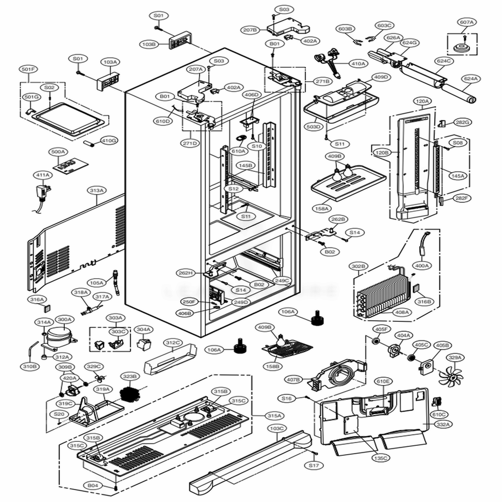 Case Parts Diagram and Parts List for 71019 AWBCSE1 LG Refrigerator