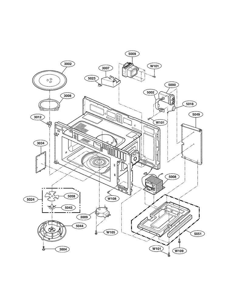 Interior Parts Diagram and Parts List for LMV2053ST 01 LG Microwave