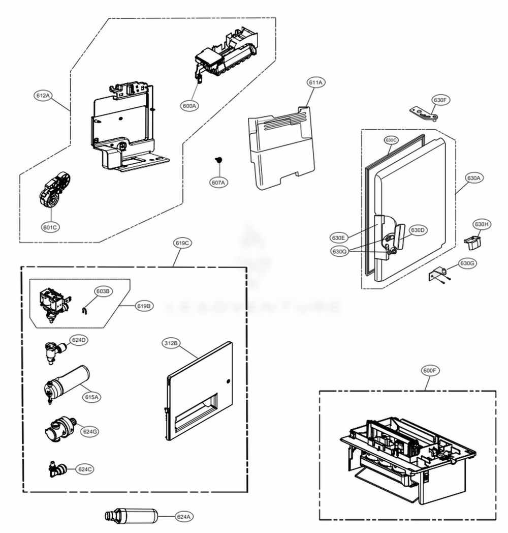 Ice Maker And Ice Bin Parts Diagram and Parts List for LRMVS3006S ASTCNA0 LG Refrigerator