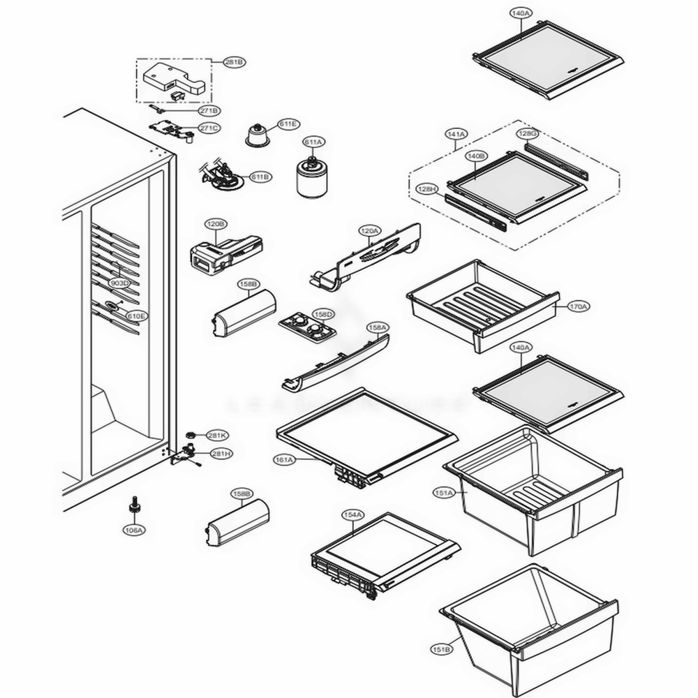 Refrigerator Compartment Diagram and Parts List for LSC27925SB AWBCNA0 LG Refrigerator