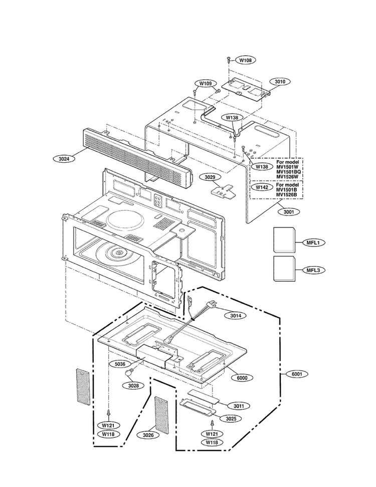 Oven Cavity Parts Diagram and Parts List for MV1501BQ  LG Microwave