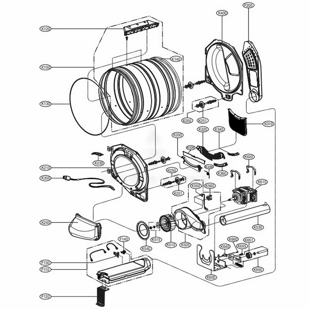 Drum And Motor Assembly Diagram and Parts List for GD1329QED ABWEECI LG Dryer
