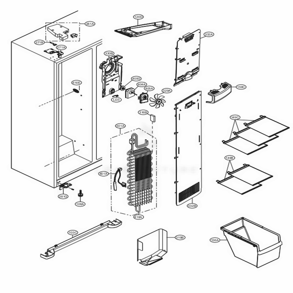 Freezer Compartment Diagram and Parts List for LSXS22423S ASTCNA0 LG Refrigerator