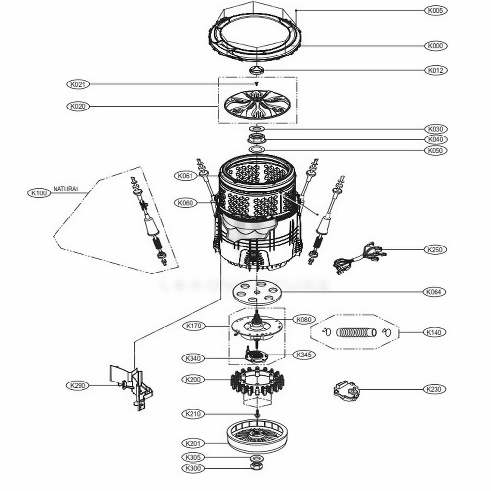 Tub Assembly Diagram and Parts List for WT7050CV ASSETUS LG Washer