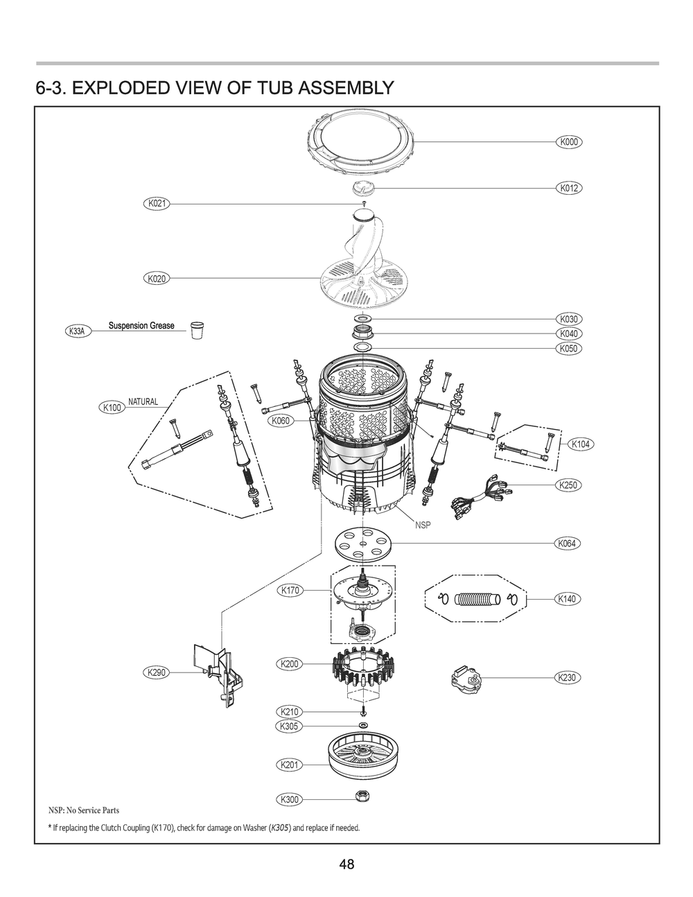 Tub Assembly Diagram and Parts List for WT7405CV ASSETUS LG Washer