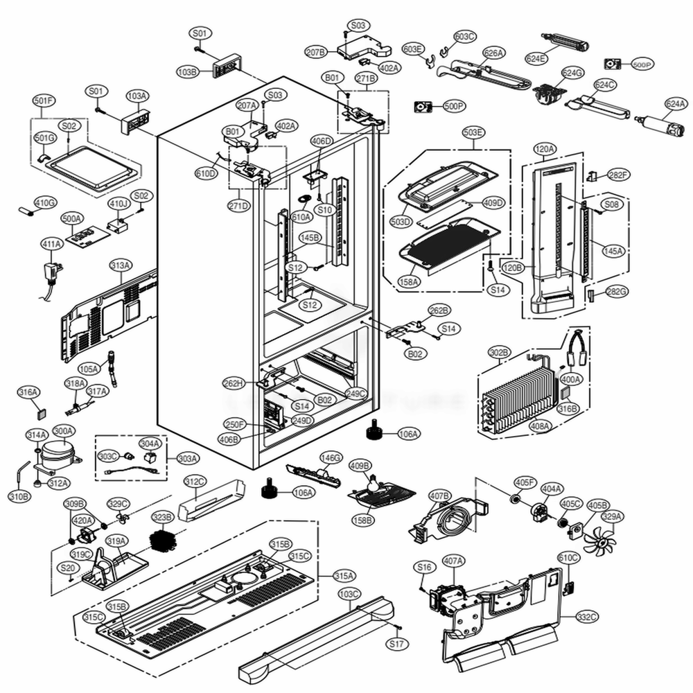 Case Parts Diagram and Parts List for 72036 ATICSE0 LG Refrigerator