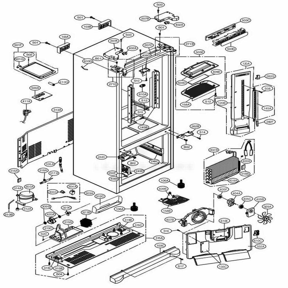Case Parts Diagram and Parts List for 71606 ATICSE2 LG Refrigerator