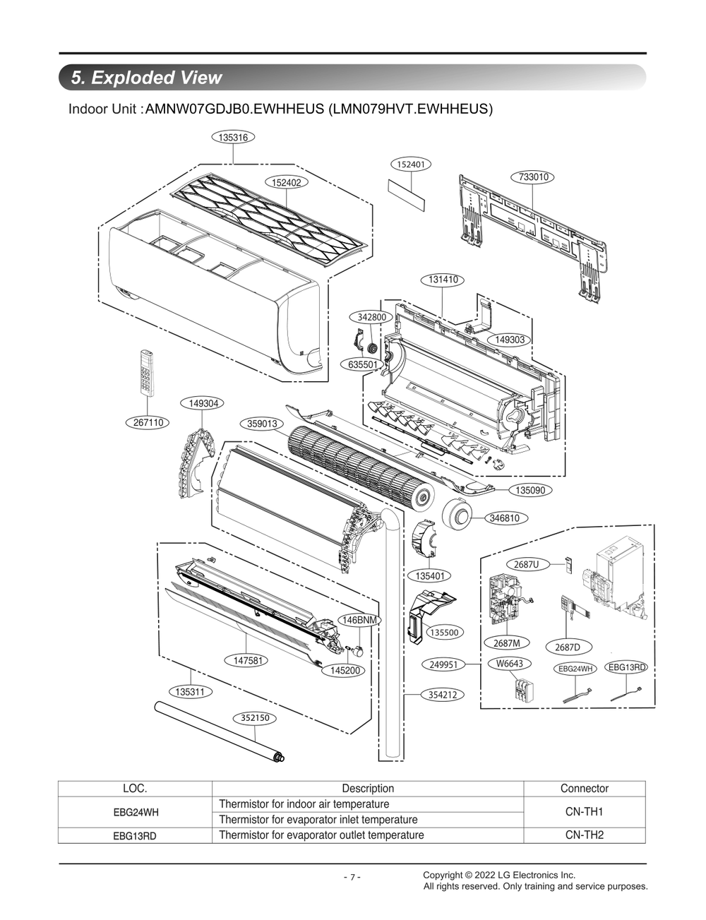 Indoor Unit Diagram and Parts List for LMN079HVT EWHHEUS LG Air Conditioner
