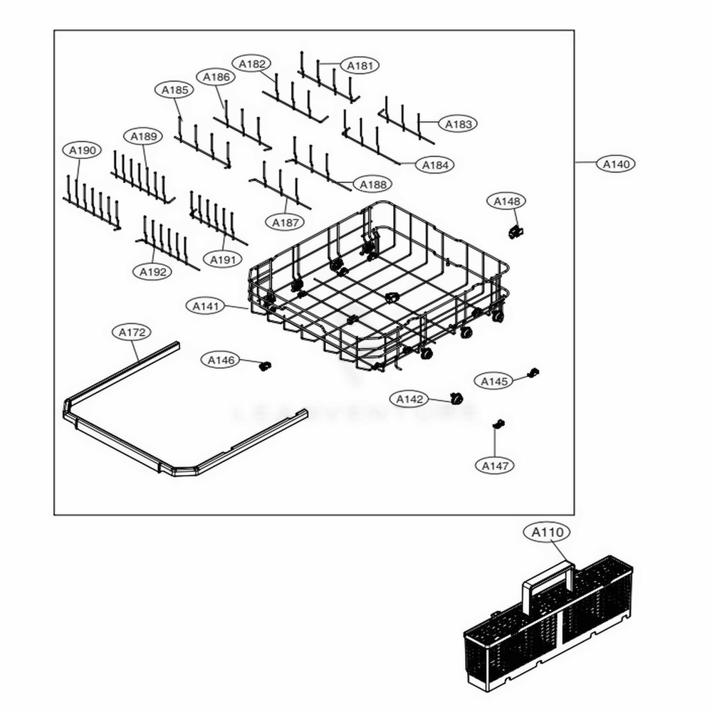 Bottom Rack Assembly Diagram and Parts List for 14307 ABDESEU LG Dishwasher