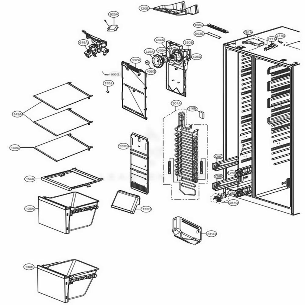 Freezer Compartment Diagram and Parts List for 51839 AWBCSE5 LG Refrigerator
