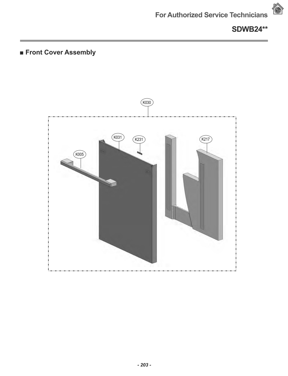 Front Cover Assembly Diagram and Parts List for SDWB24W3 AEHESTA LG Dishwasher