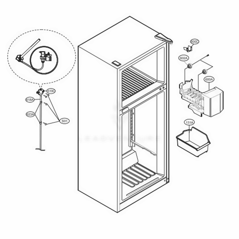 Ice Maker Parts Diagram and Parts List for LTCS24223B AWBCNA6 LG Refrigerator